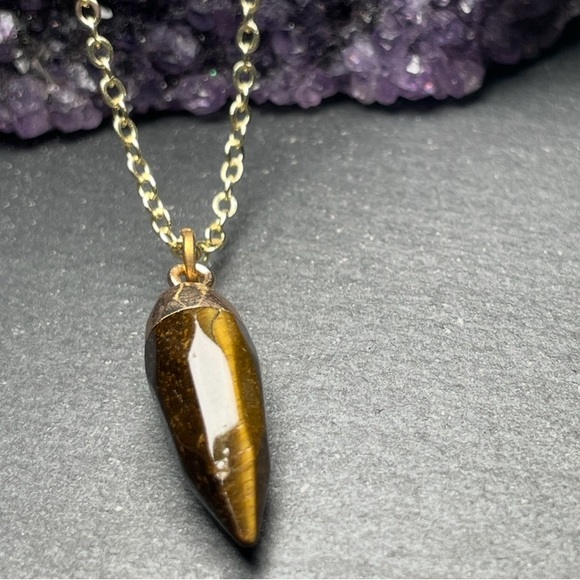 Artisan Jewelry - Genuine Yellow Tiger’s Eye Gold Plated Pendant Necklace